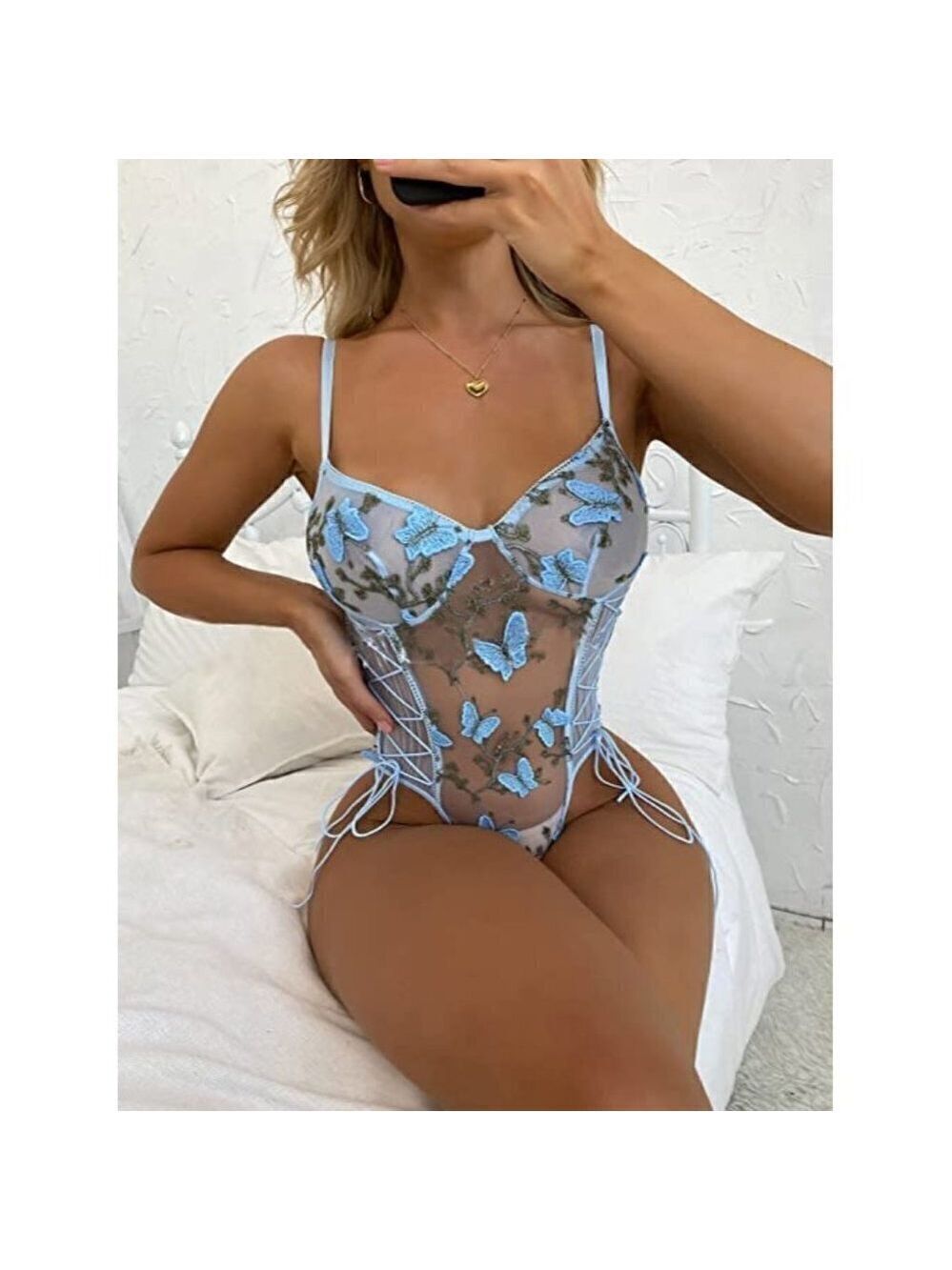 Sexy Lace Up Floral Embroidered Teddy Lingerie Bodysuit Top Mesh Sheer One Piece